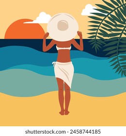 Woman Watching Sunset on the Beach Summer Vacation Illustration