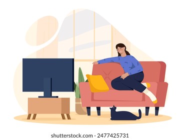 Mujer viendo la televisión. Chica sentada en un cómodo sofá cerca de la televisión. Espectáculos nocturnos y ocio. Personaje disfrutando de un espectáculo interesante. Ilustración vectorial plana de dibujos animados aislada en el fondo