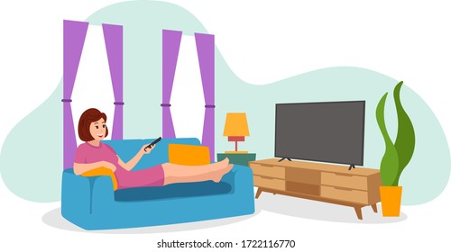 Woman Watching Television Inside House During Stock Vector (Royalty ...