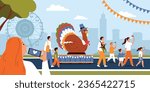 Woman watching thanksgiving day parade in city park flat vector illustration