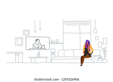 woman watching tv daily news program sitting couch at home modern living room interior hipster girl female cartoon character flat doodle horizontal vector illustration