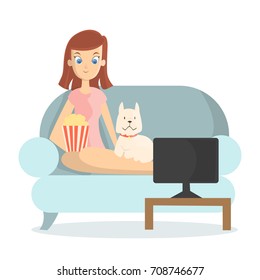 Woman Watching Tv On The Sofa With Dog And Pop Corn.