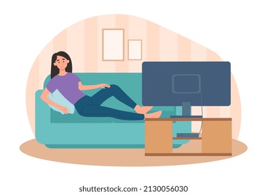 Woman watching TV. Rest after work, entertainment in house, comfort and coziness. Lazy character on couch. Television, series and broadcasts. Evening indoor. Cartoon flat vector illustration