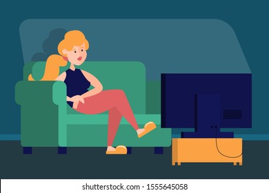 Woman watching TV show at home. Person sitting on the sofa at the television screen. Evening entertainment. Living room interior.
Quarantine, stay home, stay healthy.