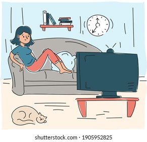 Woman watching TV show at home. Person sitting on the sofa at the television screen. Evening entertainment. Living room interior. Quarantine, stay home, stay healthy. Cat sleeping on the floor