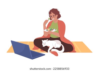 Woman watching tv shows on laptop and eating salad semi flat color vector character. Editable figure. Full body person on white. Simple cartoon style illustration for web graphic design and animation