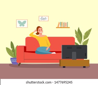 Woman watching TV. Vector flat style illustration