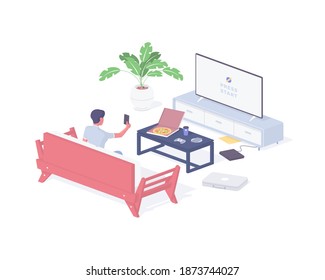 Woman watching tv while relaxing at home isometric illustration. Female character turns on device with favorite movie. Open fast food on table. Comfortable relaxation after work realistic vector. svg