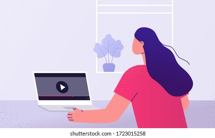 Woman watching video. Back view. Online education, work from home. Vector