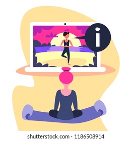 woman watching video fitness online yoga training concept laptop screen sportswoman doing exercises mat female rear view cartoon character flat vector illustration
