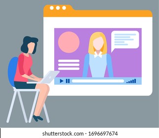 Woman watching video in laptop, business education or webinar. Screen of app in computer, e-learning course, web seminar, wireless device, media vector