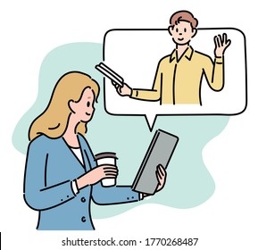 A woman is watching a video lecture with a coffee in one hand and a tablet in one hand. hand drawn style vector design illustrations.