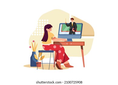 Woman watching video lecture on laptop screen Illustration concept. Flat illustration isolated on white background