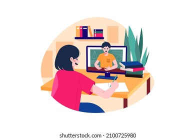 Woman watching video lecture on laptop screen Illustration concept. Flat illustration isolated on white background