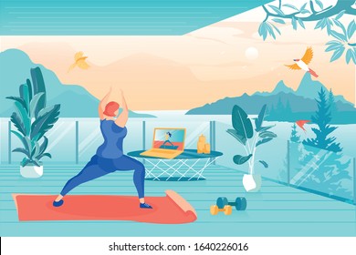 Woman Watching Video Lesson and doing Exercises. Doing Sports on Balcony with Beautiful View Bay and High Mountains With Forests. She Laid Special Mat for Comfort, Dumbbells Lay Nearby.