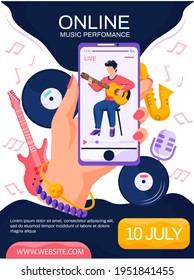 Woman watching video of male content creator playing guitar. Online music performance concept poster