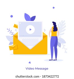 Woman watching video message in envelope. Concept of multimedia file sent via email, online messenger or internet application for instant messaging. Modern flat vector illustration for poster, banner.