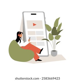 Woman Watching Video On Giant Smartphone In Flat Vector Illustration Symbolizing Online Streaming, Digital Entertainment, And Video Content, Isolated On White Background