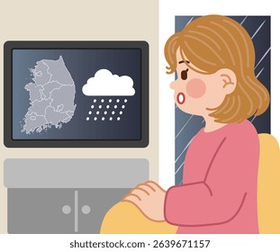 Woman watching weather forecast on TV during a rainy day