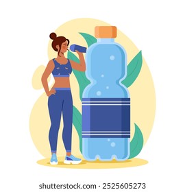 Woman with water balance. Young girl with bottle of mineral and pure water. Active and healthy lifestyle. Thirsty and dehydration. Flat vector illustration isolated on white background