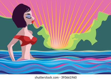 Woman in water - brunette girl wear red swimsuit bra in sea wave or mountains lake. Closed eyes swimmer woman, slim body. Romantic cartoon landscape, green hills, red sunset. Perfect vacation concept.