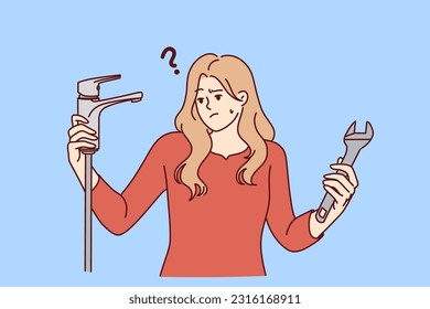 Woman with water faucet and wrench does not understand how to fix water supply or get rid of leak. Girl repairs faucet in bathroom or in kitchen with own hands, not wanting to call plumber