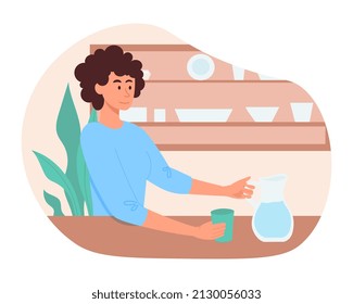 Woman with water. Girl in kitchen take glass of liquid. Hydration and health care. Morning rituals and routine. Fitness and active lifestyle. Character with decanter. Cartoon flat vector illustration