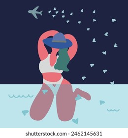 woman in the water. girl on vacation at sea. Relaxing woman at the summer beach. illustration concept shows a beautiful woman. Catch the summer vibe concept. Flat vector style illustration