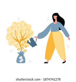 Mujer acuosa árbol de dinero con monedas de dólares. Finanzas personales, ahorro de dinero, inversiones, capital personal, objetivos financieros, seguros, conceptos de crecimiento financiero. 