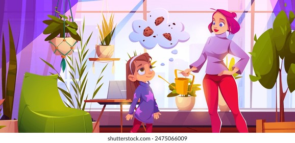 Woman water plant and care at home garden vector. Girl child character dream about family bakery with cookie. Modern interior with flowerpot for foliage vegetation and botanical hobby near window