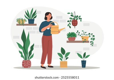 Plantas de agua de mujer. Niña con regadera cerca de macetas con hojas tropicales. Botánica y horticultura, jardinería interior. Ilustración vectorial plana aislada sobre fondo blanco