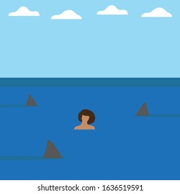 Woman in the water and sharks around her