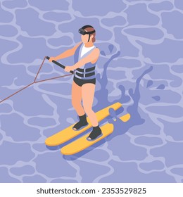 Woman water skiing wearing action camera on head isometric background vector illustration