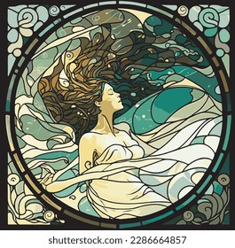 Woman in water, stained glass style with flowers.