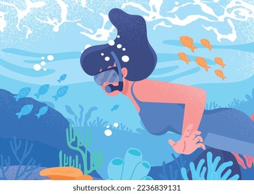 Woman in water. Young girl in swimsuit and goggles studying bottom and marine representatives. Character with fish and algae underwater. Poster or banner for website. Cartoon flat vector illustration