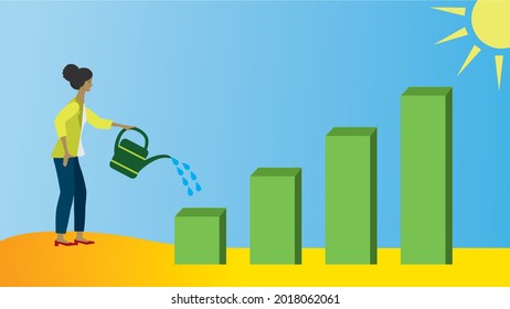 Woman with watercan and growing graph. Dimension 16:9. Vector illustration. EPS10.
