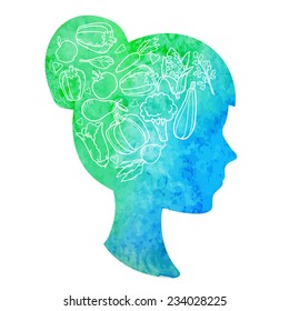 Woman watercolor silhouette thinks about vegetables and fruit in her head. Healthy food and lifestyle concept. Vector illustration