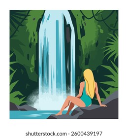 Woman at Waterfall - Tropical Illustration