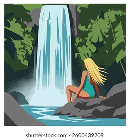 Woman at Waterfall - Tropical Illustration