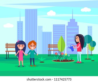 Woman watering blooming flowers in city park, children passing by and smiling, town conservation of nature greenery by people vector illustration