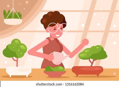 Woman watering bonsai trees in the garden Vector. Cartoon. Isolated art