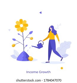 Woman with watering can cultivating plant with dollar coins growing on it. Concept of income growth, financial profit or gains, personal earnings or revenue. Modern flat colorful vector illustration.