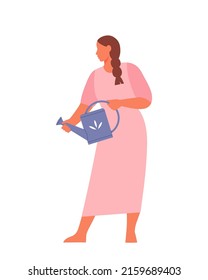 Woman with watering can. Gardeners or farmer watering a plant. Gardening. Vector flat illustration