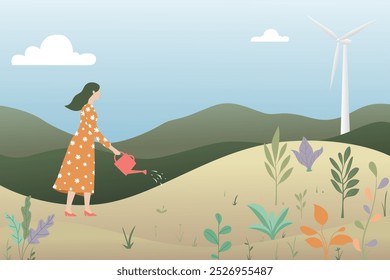 Woman with watering can gardening in a natural landscape with a wind turbine in the background.