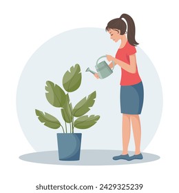 Woman with a watering can and a house plant in a pot. Plant care. Spring illustration, vector