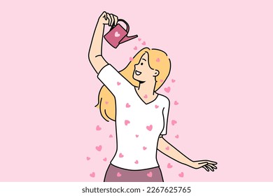 Woman with watering can pouring hearts on herself. Smiling girl feeling in love. Affection and relationships. Vector illustration. 