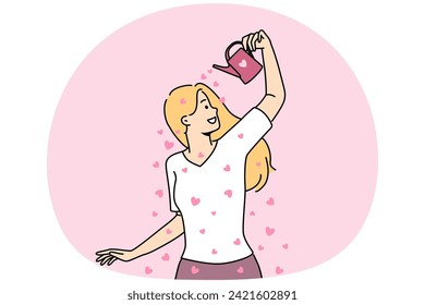 Woman with watering can pouring hearts on herself. Smiling girl feeling in love. Affection and relationships. Vector illustration.