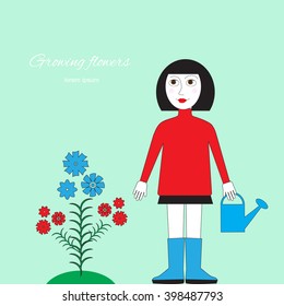 Woman with watering can standing near a flower bed. Cultivation of flowers, floriculture vector illustration. Figure gardening by hand, isolated.