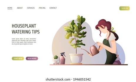 Woman with watering can taking care of houseplants. Home garden, greenhouse, gardening, plant lover concept. Vector illustration for poster, banner, website.