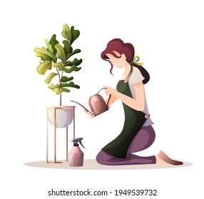 Woman with watering can taking care of houseplants. Home garden, greenhouse, gardening, plant lover concept. Isolated vector illustration for poster, banner, cover, card.